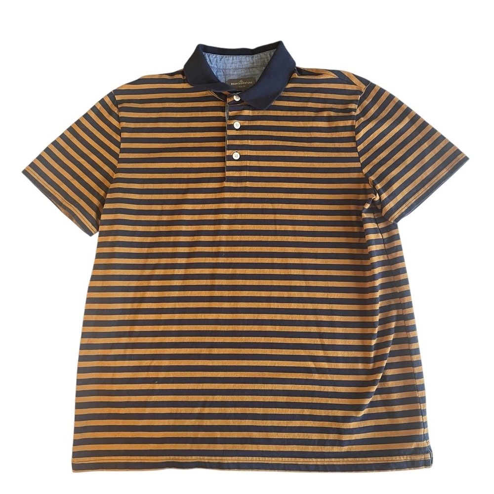 L.L. Bean Signature Men's Size L Slim Fit Polo Short Sleeve Mustard Navy Stripe